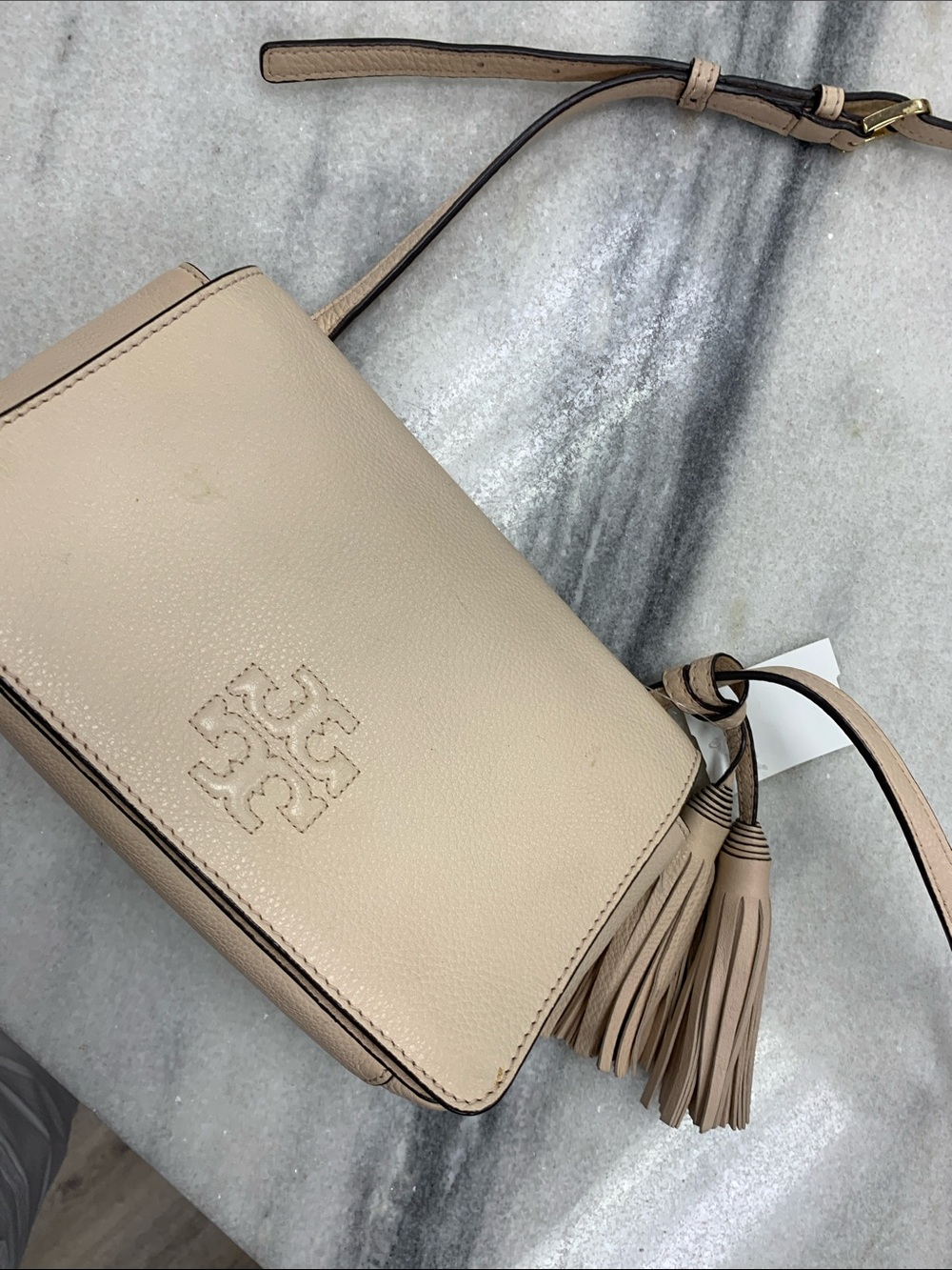 Tory Burch Neutral Beige Pebbled Leather Crossbody with Tassel - Picture 7 of 8